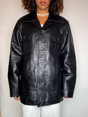 Veste droite en cuir noire M/L vintage