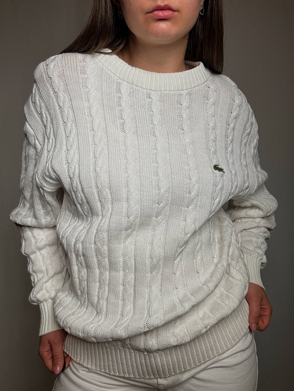 Pull tressé blanc Lacoste XL vintage
