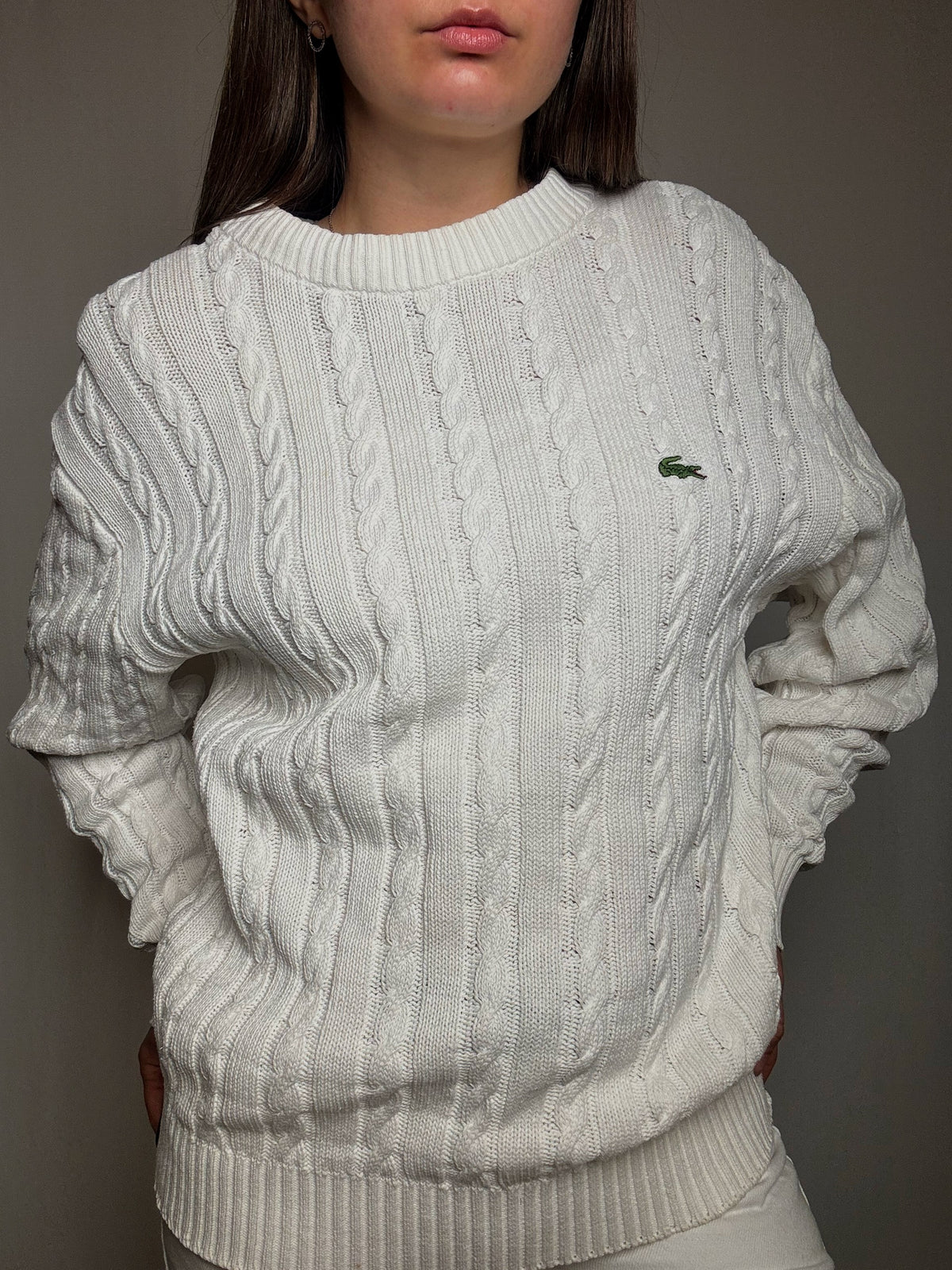 Pull tressé blanc Lacoste XL vintage