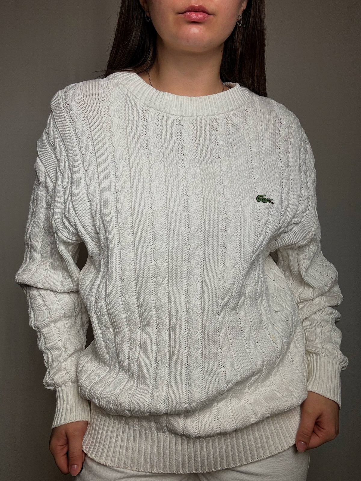 Pull tressé blanc Lacoste XL vintage