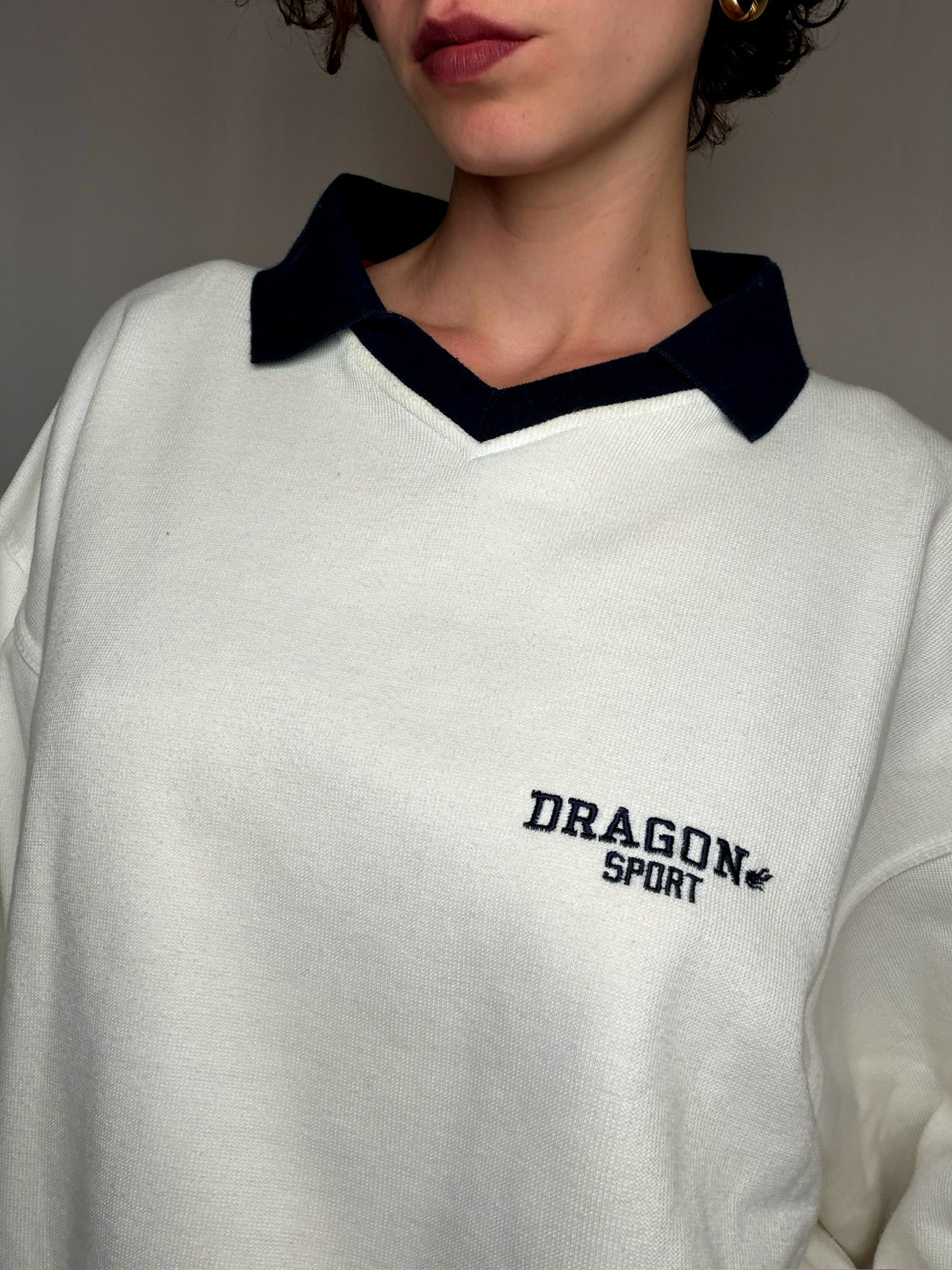 Polo de golf épais blanc col noir L vintage