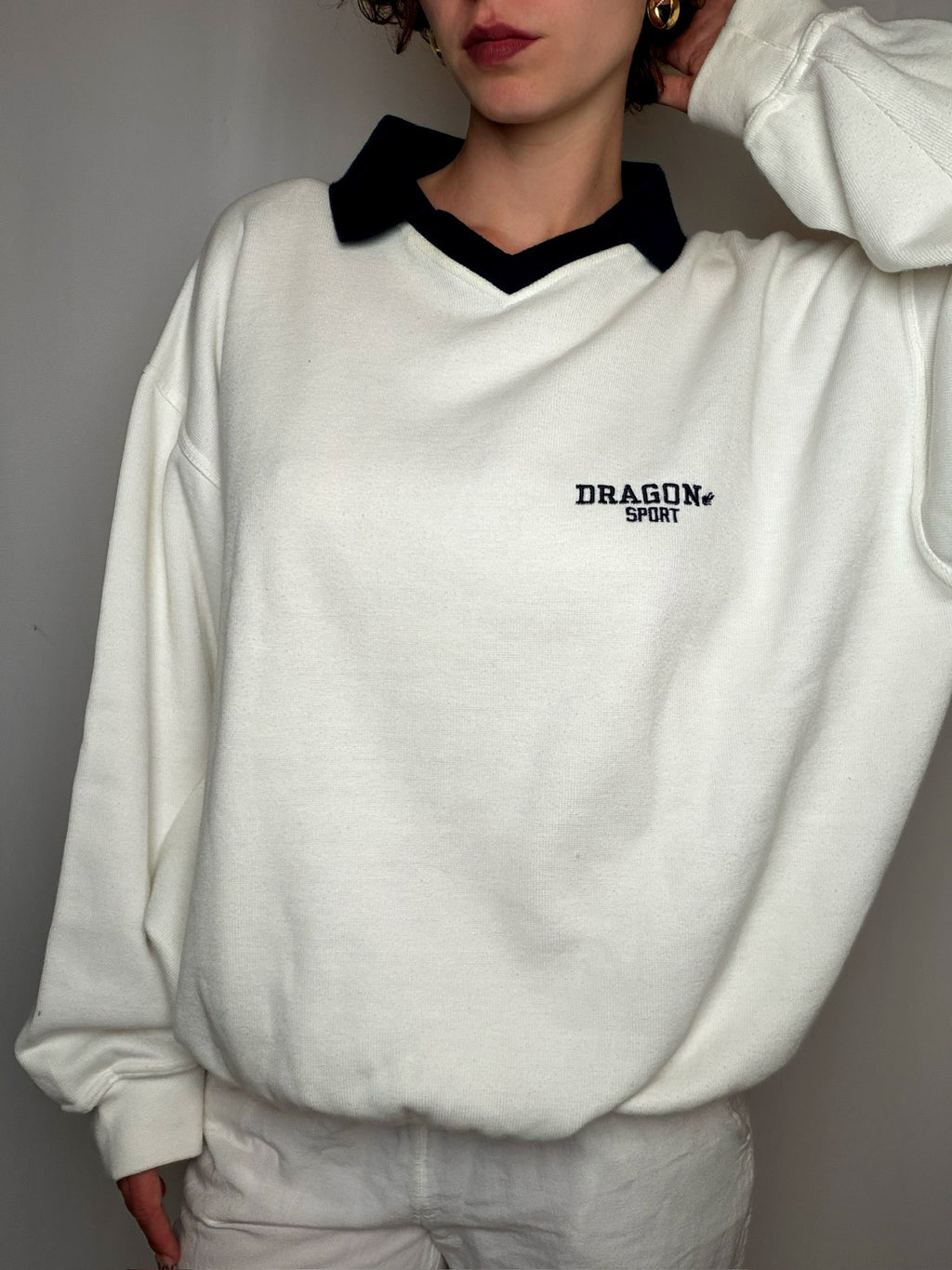 Polo de golf épais blanc col noir L vintage