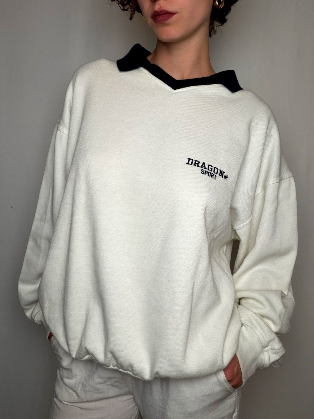 Polo de golf épais blanc col noir L vintage