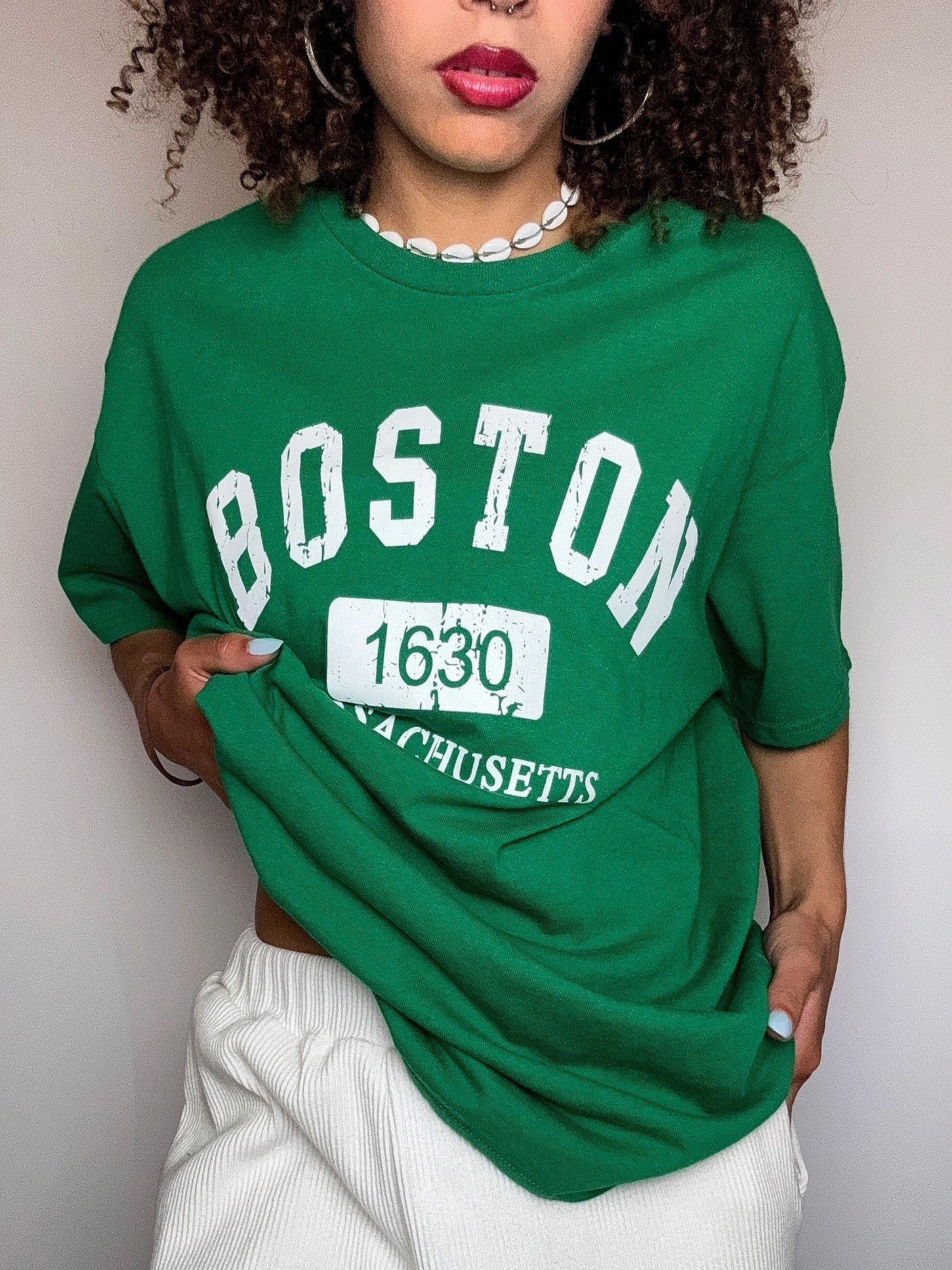 BOSTON L Vintage grünes Kurzarm-T-Shirt
