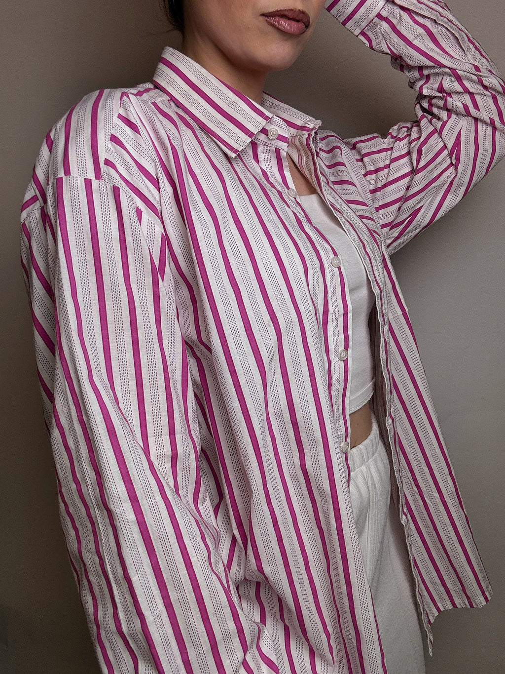 Chemise en coton zephir rayée blanche et rose XL