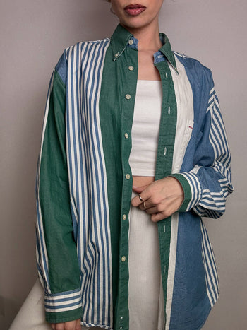 Chemise rayée denim et vert M vintage