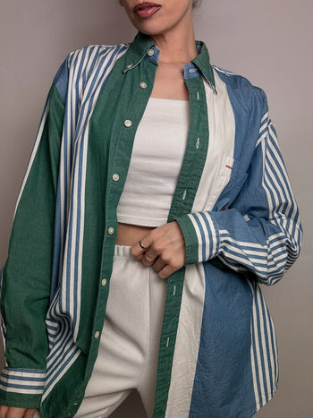 Chemise rayée denim et vert M vintage