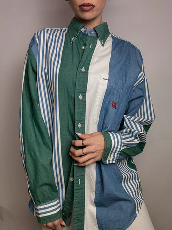 Chemise rayée denim et vert M vintage