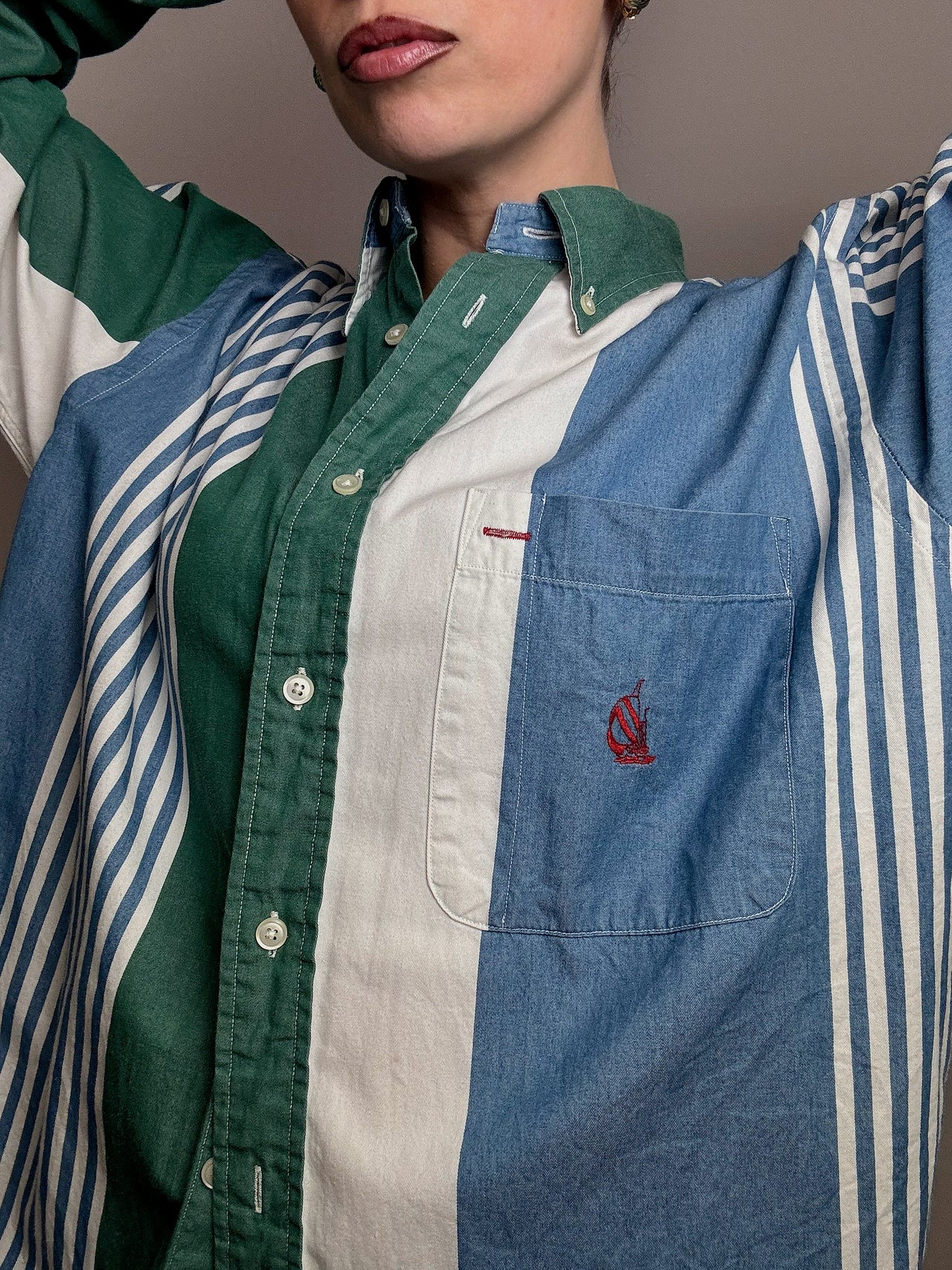 Chemise rayée denim et vert M vintage