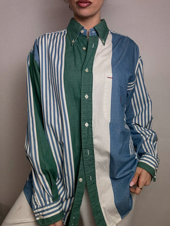 Chemise rayée denim et vert M vintage