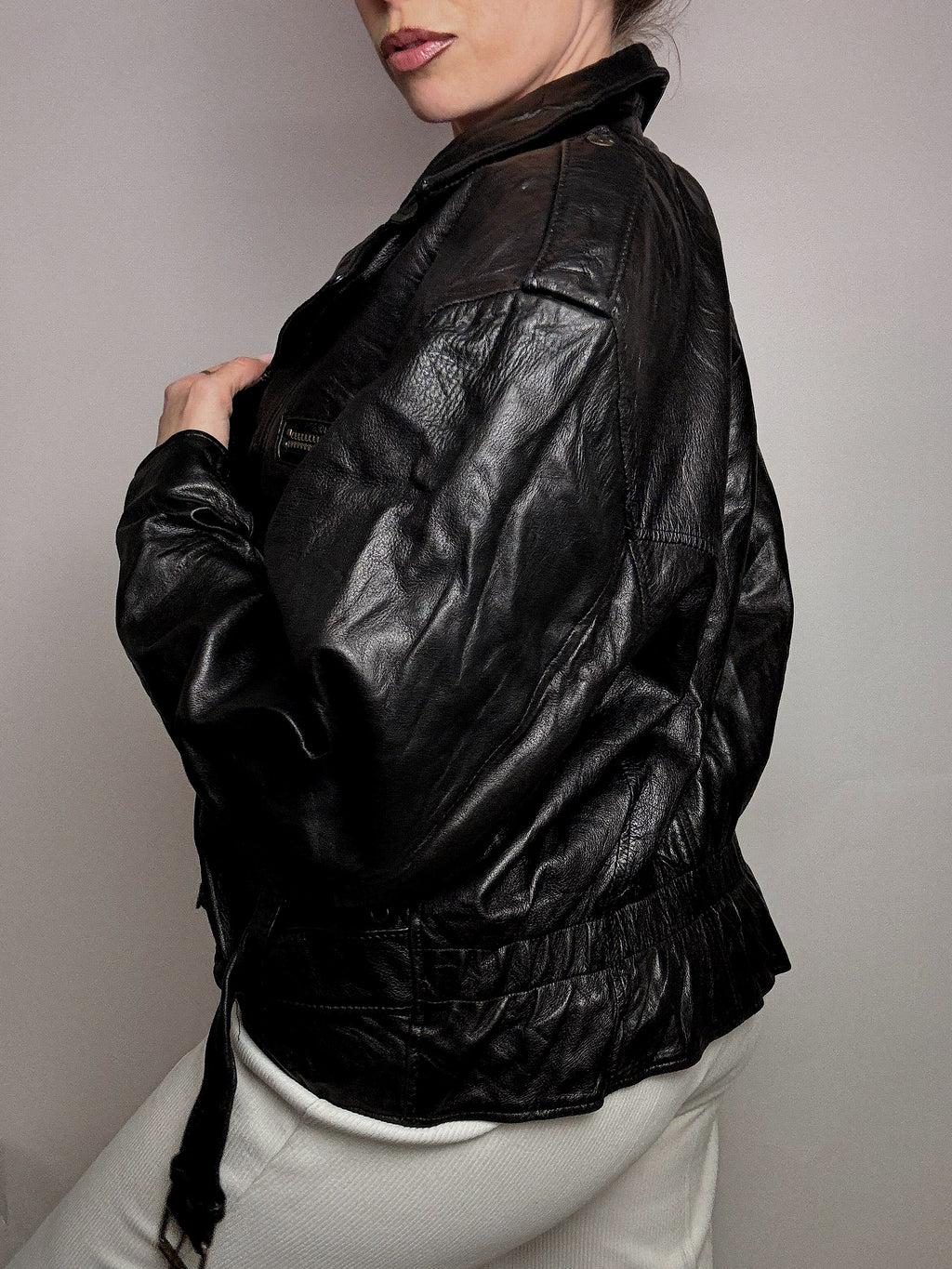 Schwarze taillierte Lederjacke S/M Vintage