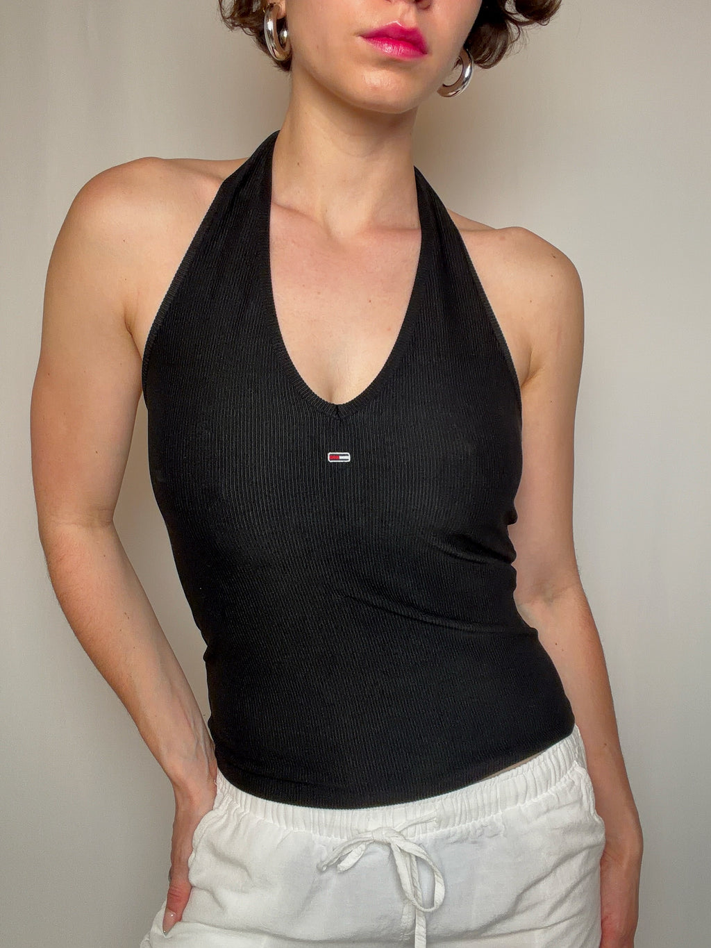 Schwarzes geripptes Tommy Hilfiger M Vintage-Top