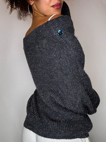 Pull gris avec strass au col S vintage