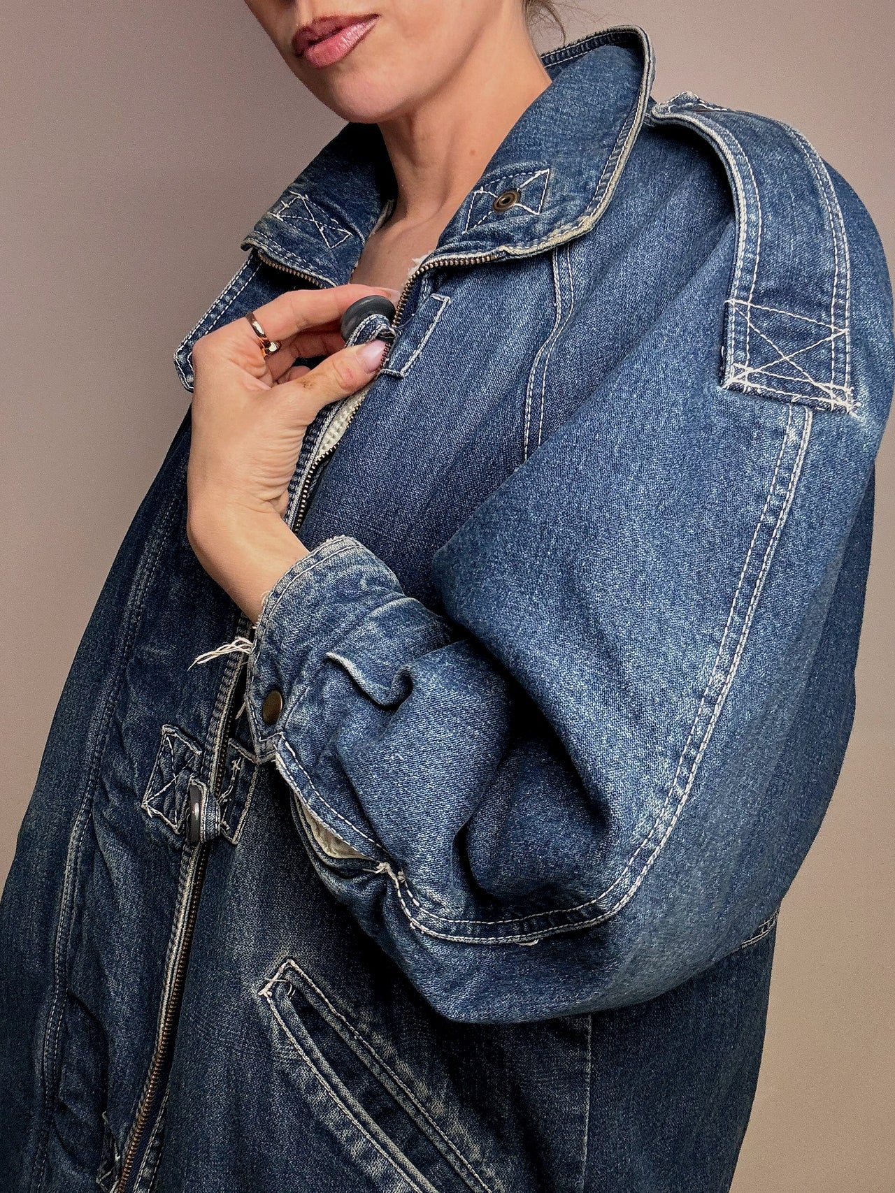 Vintage L gewaschener Denim-Parka mit Pelzfutter