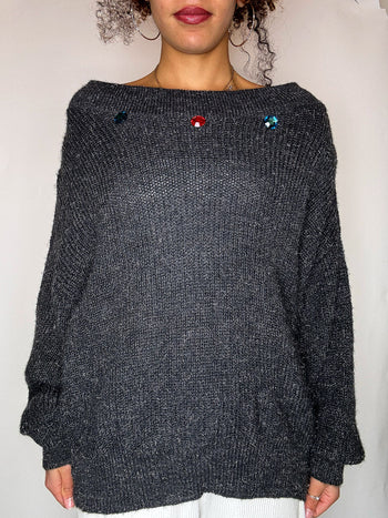 Pull gris avec strass au col S vintage