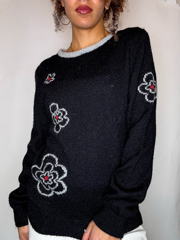 Pull avec dessins noir M vintage