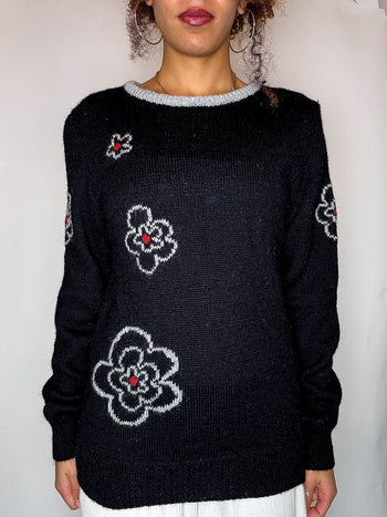 Pull avec dessins noir M vintage