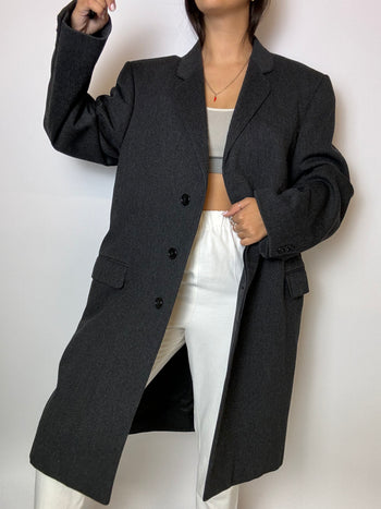 Blazer long en laine vintage gris foncé M/L