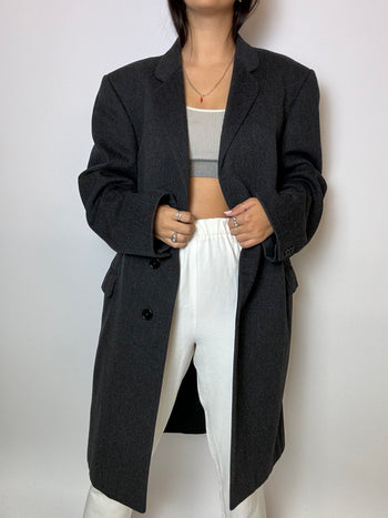 Blazer long en laine vintage gris foncé M/L