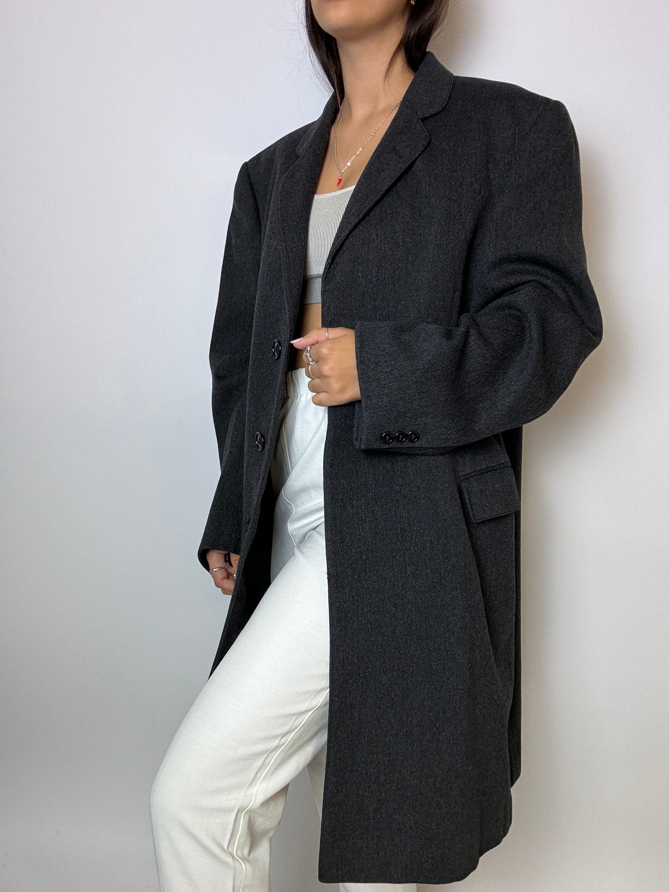 Blazer long en laine vintage gris foncé M/L