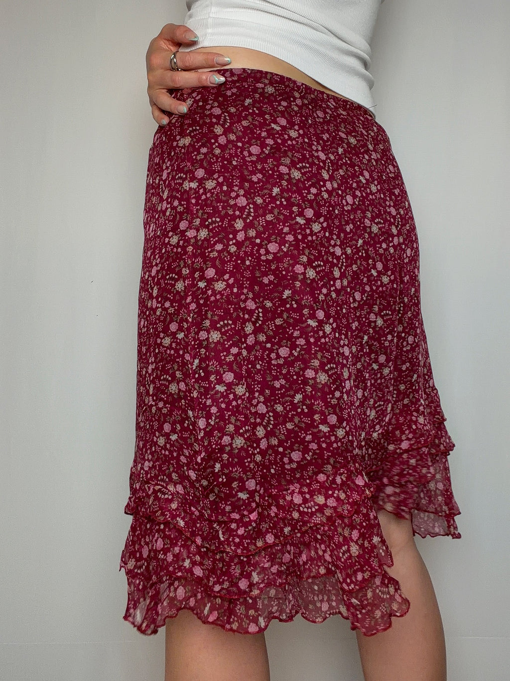 Vintage burgundy silk fluid skirt L