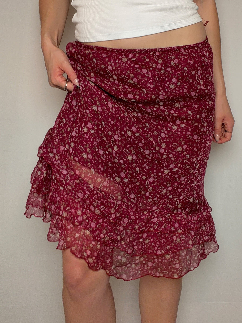 Vintage burgundy silk fluid skirt L