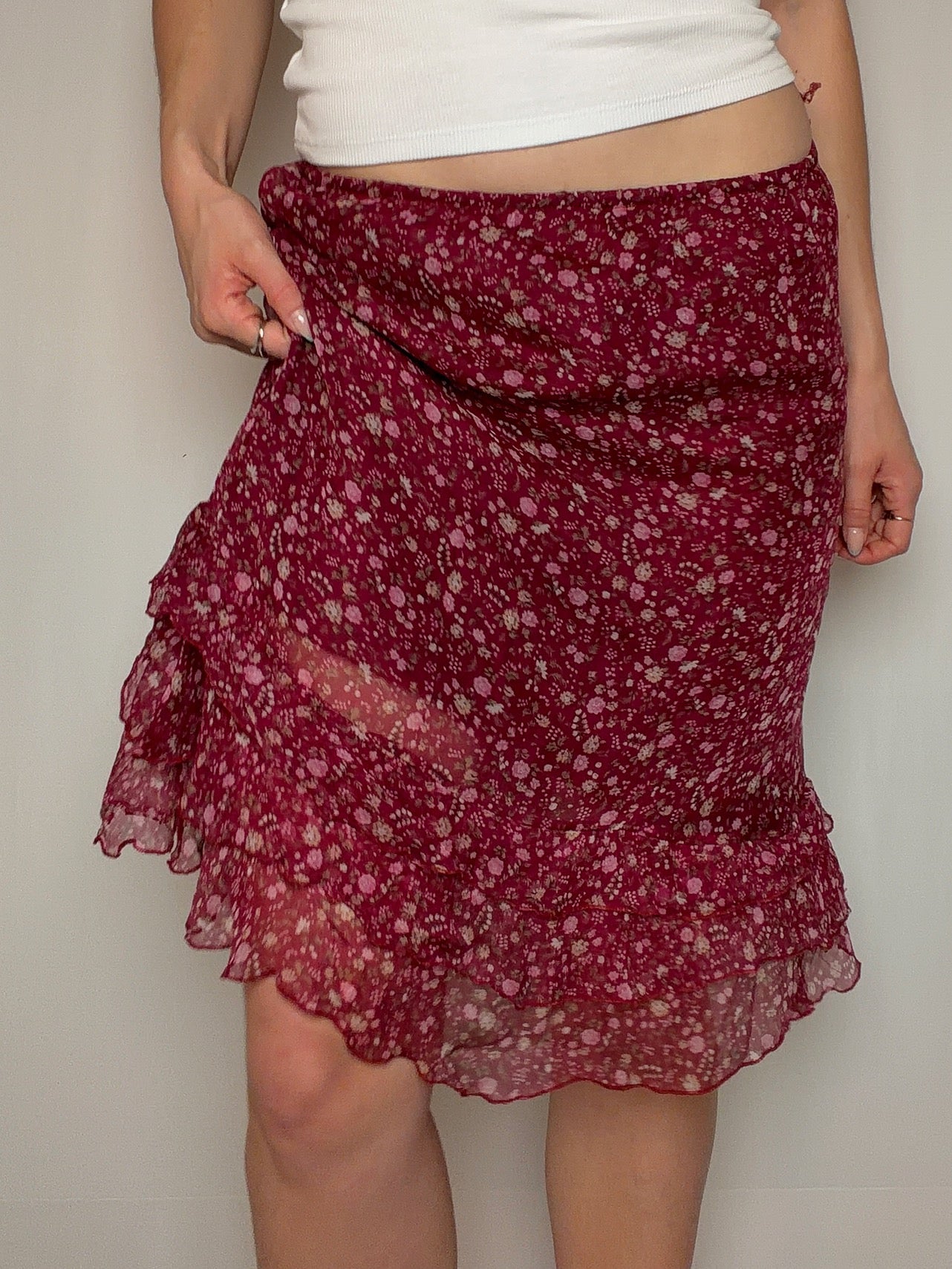 Vintage burgundy silk fluid skirt L