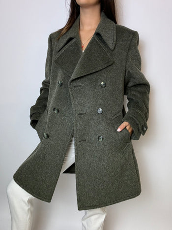 Manteau en laine court vintage vert foncé M/L