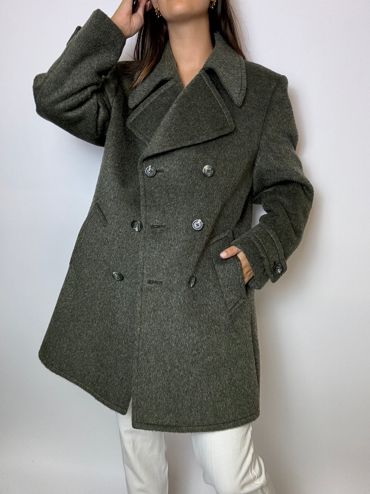 Manteau en laine court vintage vert foncé M/L