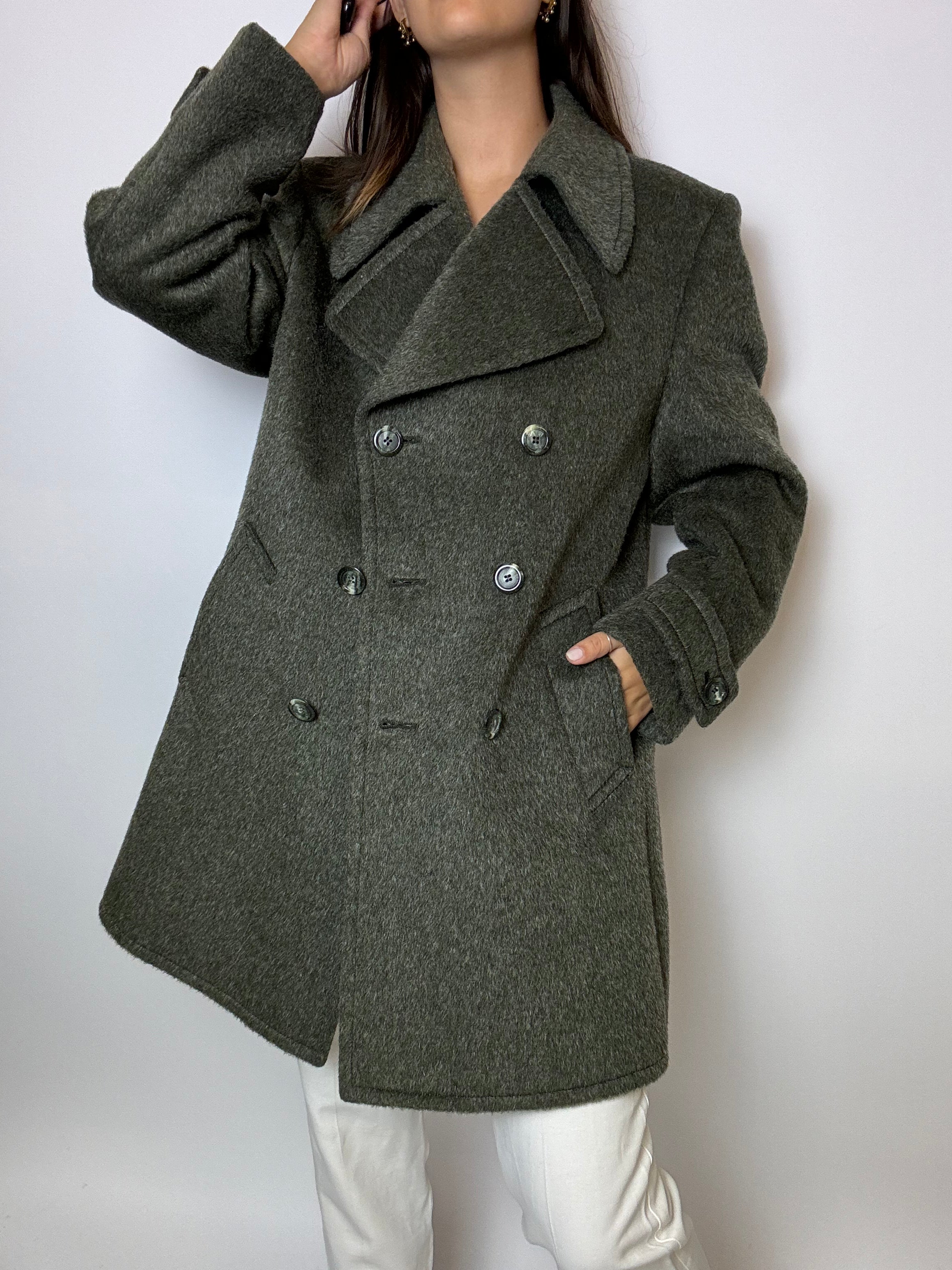 Dunkelgrüner Vintage-Kurzmantel aus Wolle M/L
