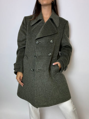 Manteau en laine court vintage vert foncé M/L