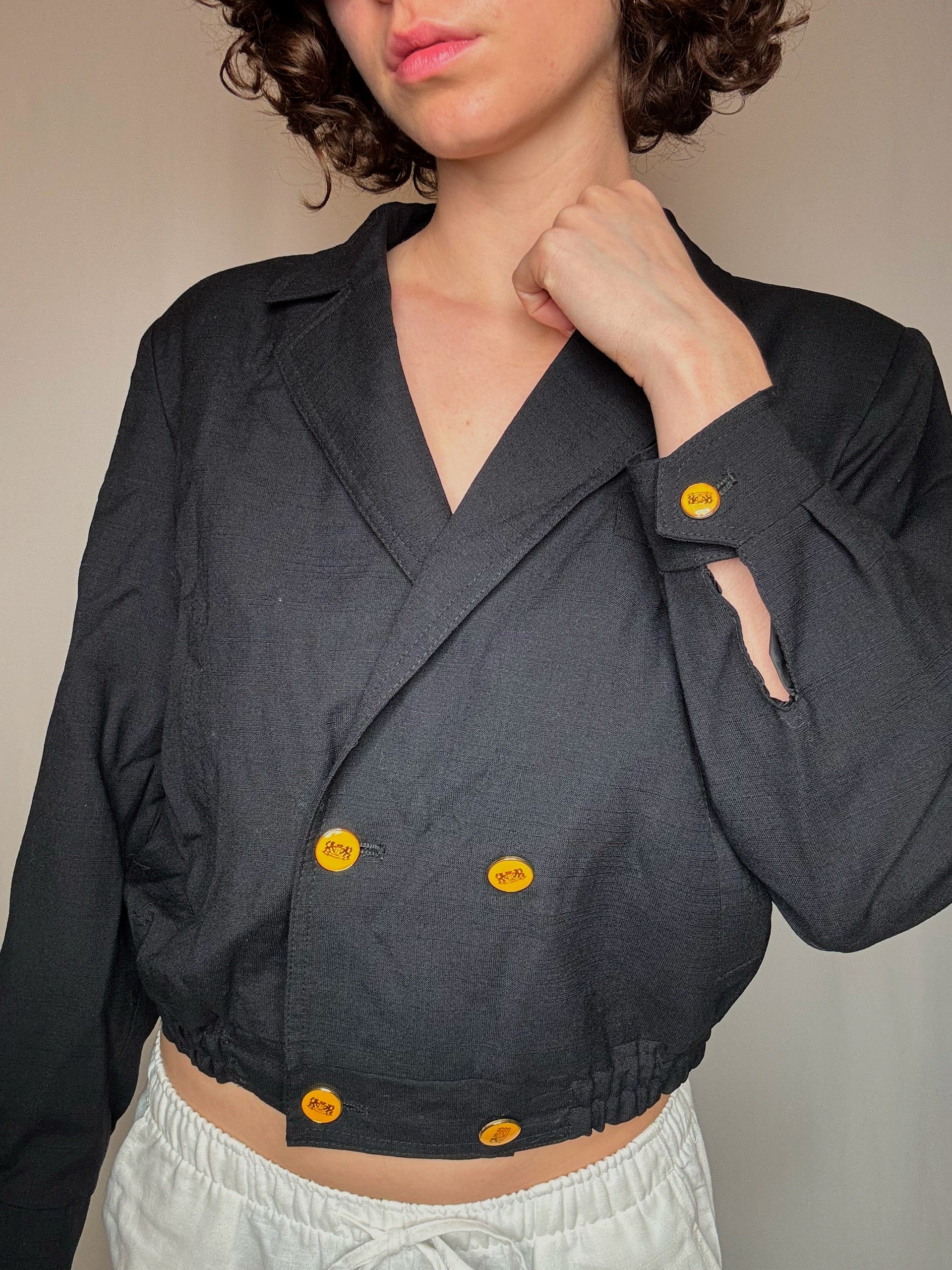 Kurzer schwarzer Leinen-Blazer S Vintage