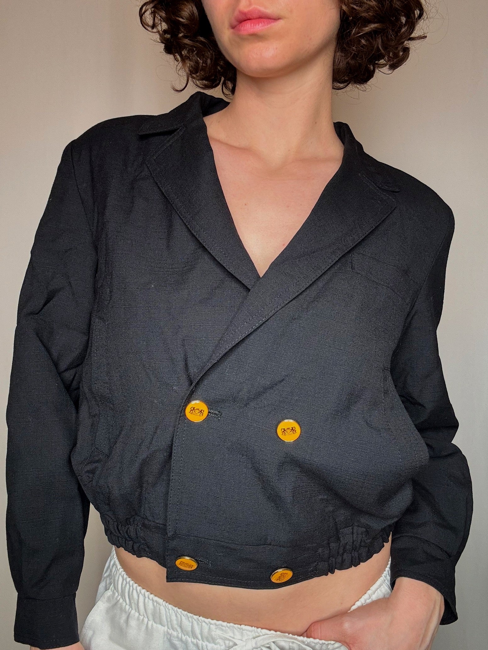 Kurzer schwarzer Leinen-Blazer S Vintage