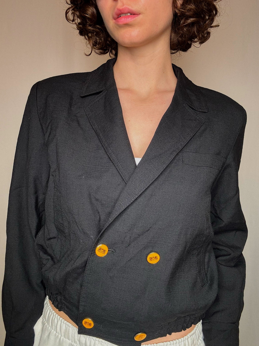 Kurzer schwarzer Leinen-Blazer S Vintage