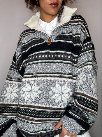 Pull col cheminée a motif gris L/XL vintage