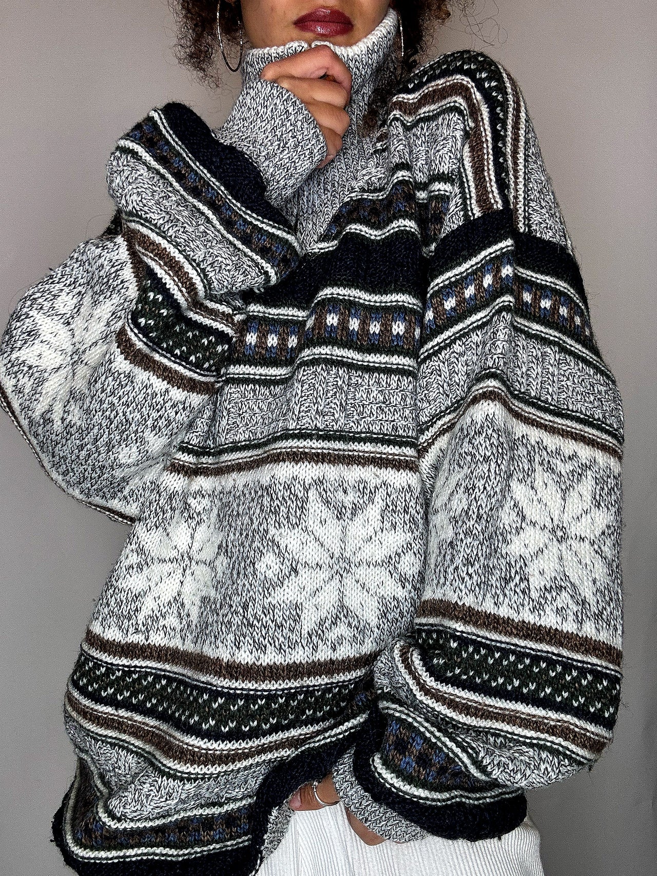 Pull col cheminée a motif gris L/XL vintage