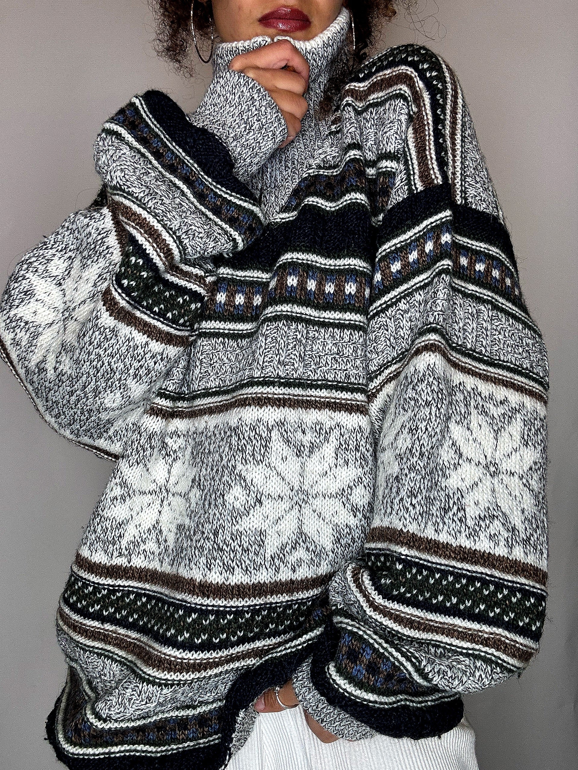 Pull col cheminée a motif gris L/XL vintage