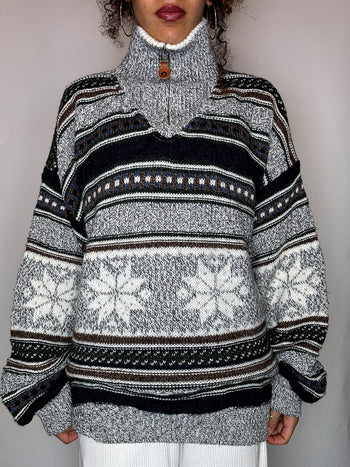 Pull col cheminée a motif gris L/XL vintage