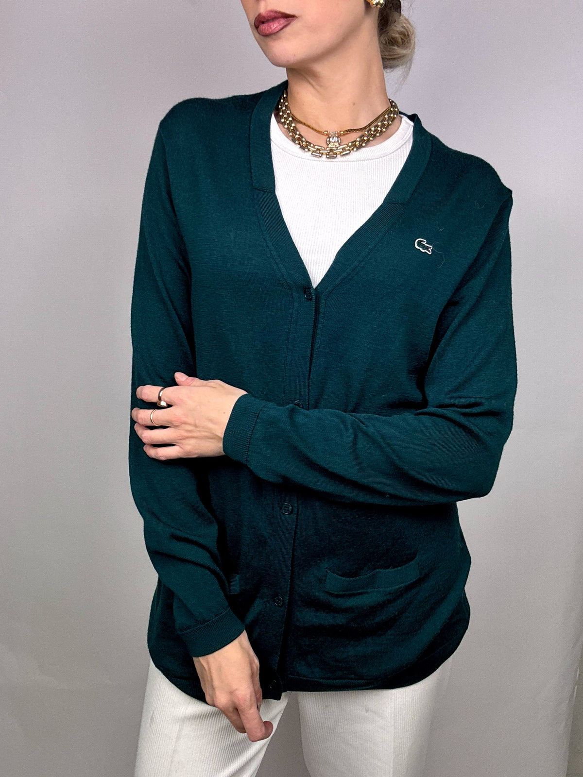 LACOSTE green merino wool cardigan M Vintage