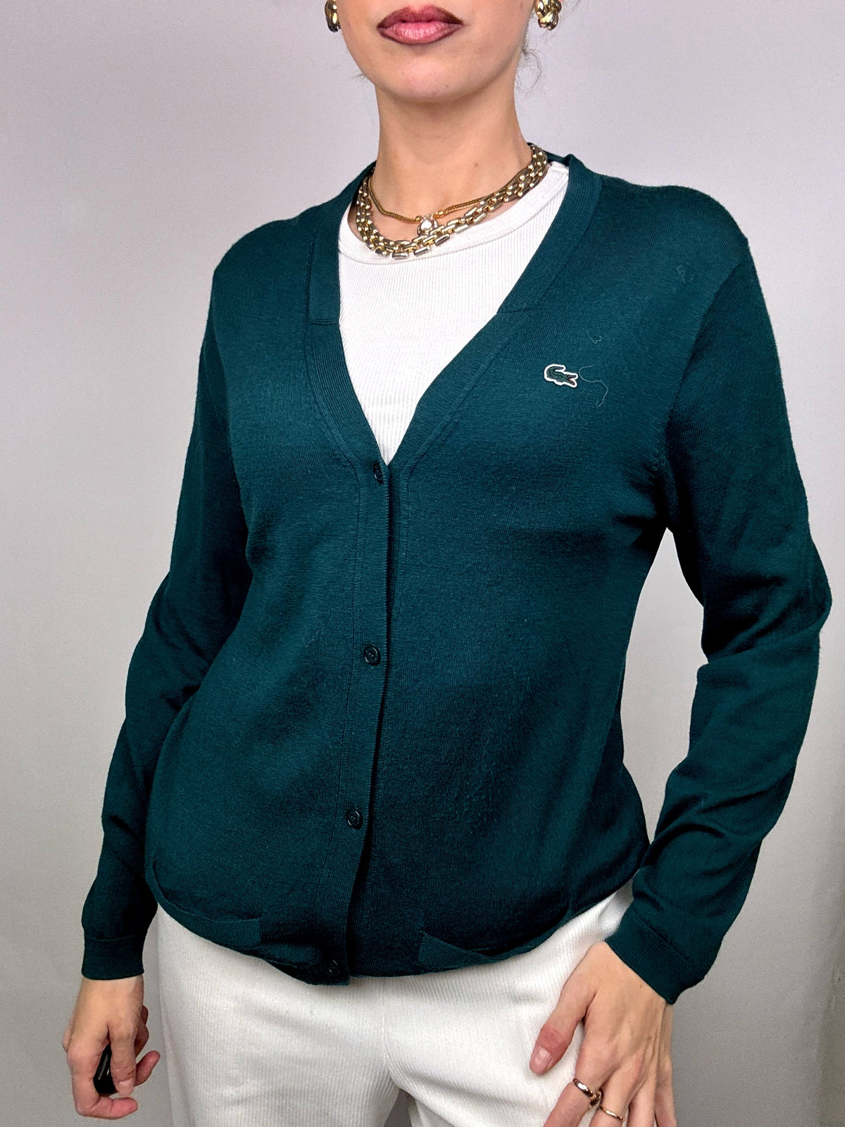 LACOSTE green merino wool cardigan M Vintage