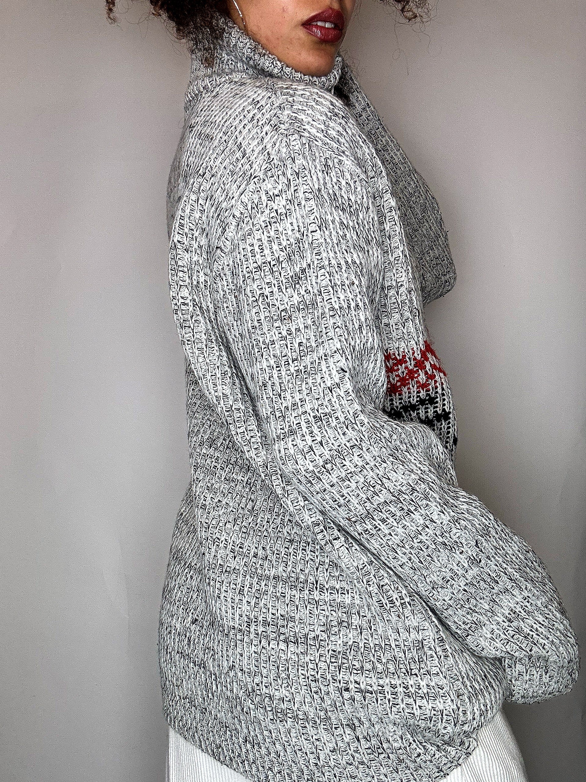 Pull col cheminée gris et rouge XL vintage
