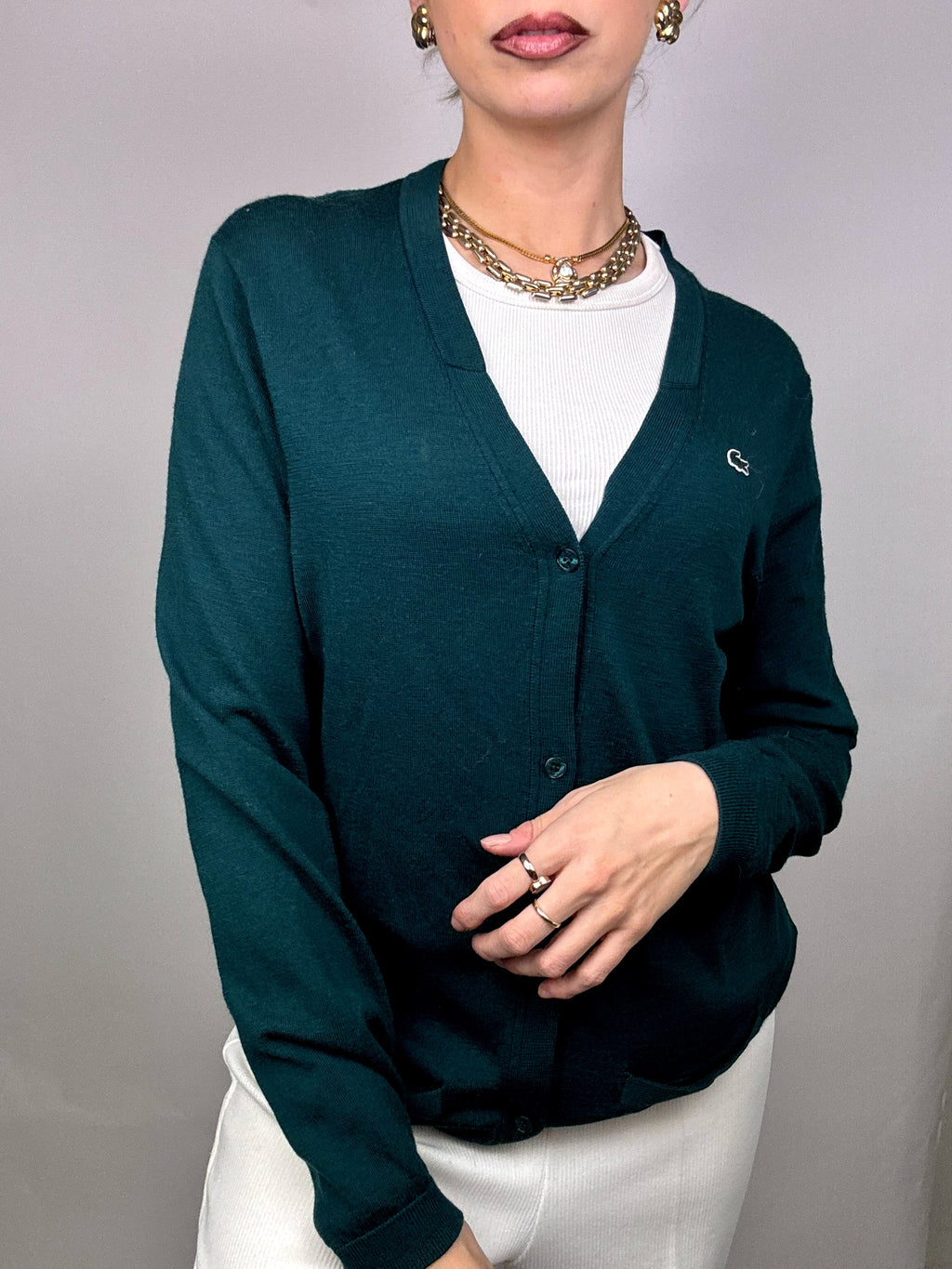 LACOSTE green merino wool cardigan M Vintage