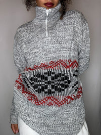 Pull col cheminée gris et rouge XL vintage