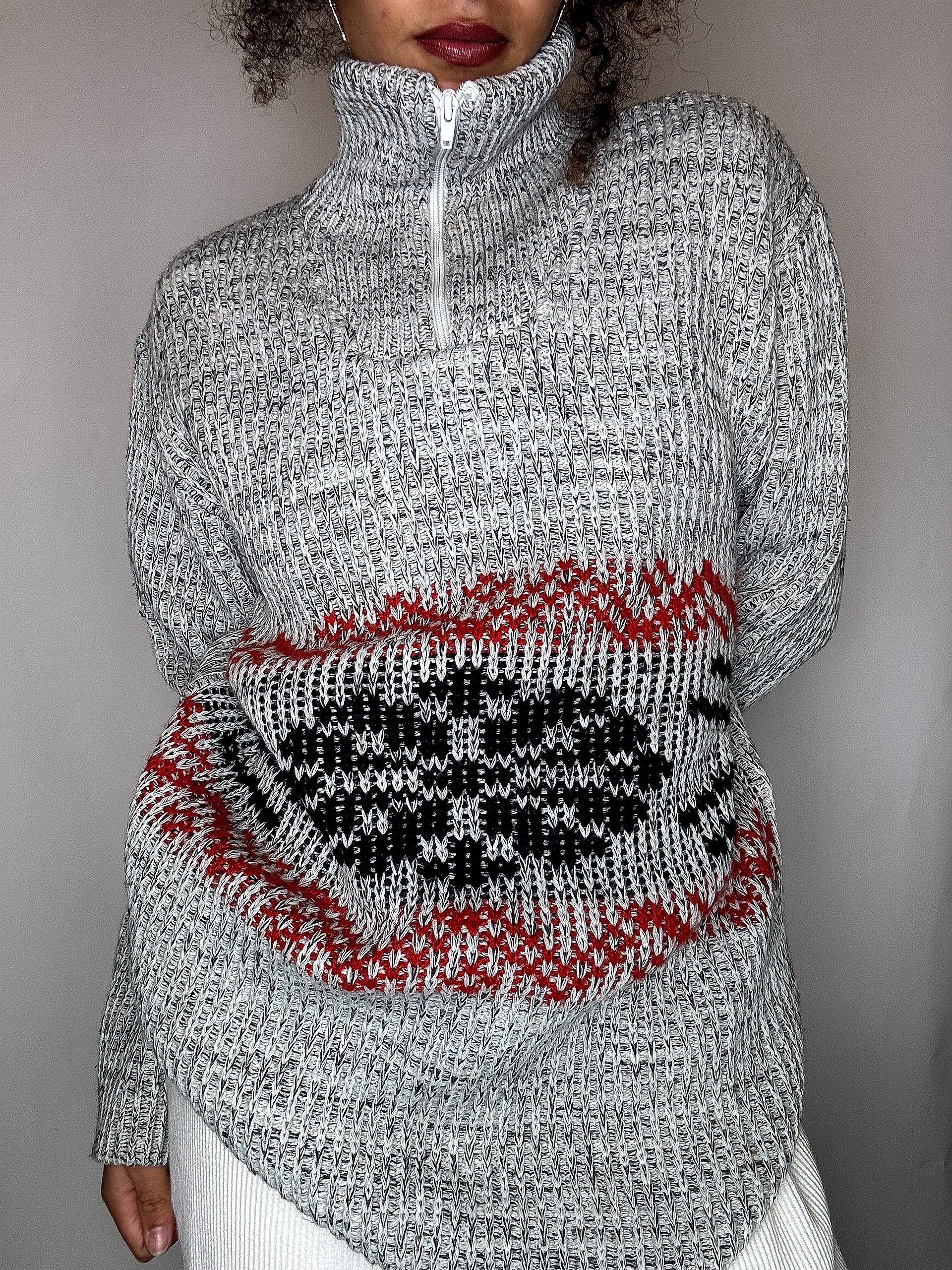 Pull col cheminée gris et rouge XL vintage