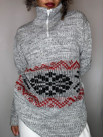 Pull col cheminée gris et rouge XL vintage