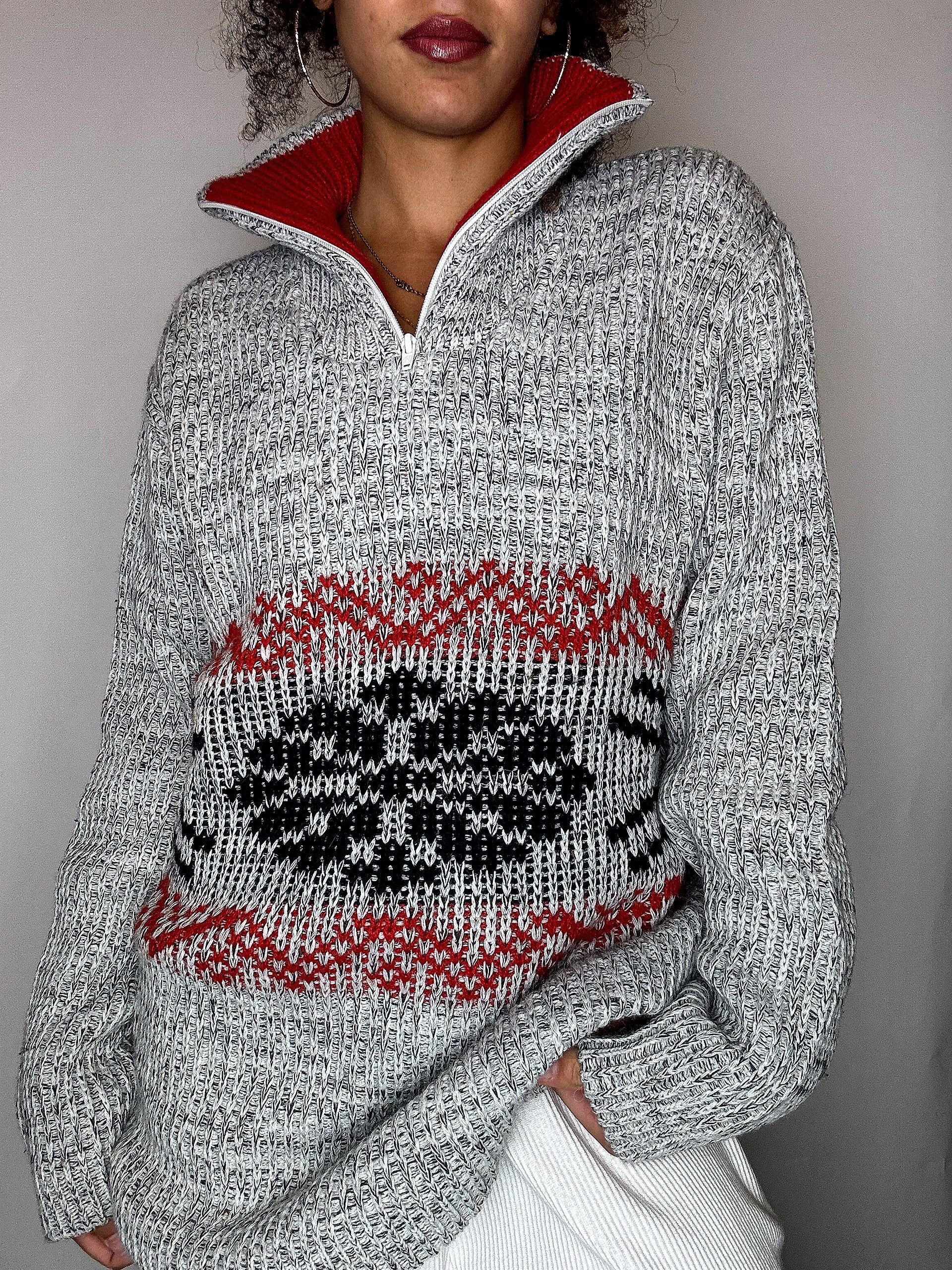 Pull col cheminée gris et rouge XL vintage