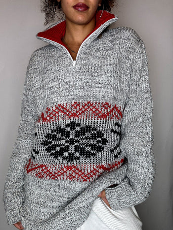 Pull col cheminée gris et rouge XL vintage