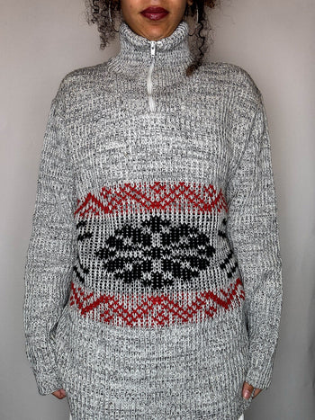 Pull col cheminée gris et rouge XL vintage