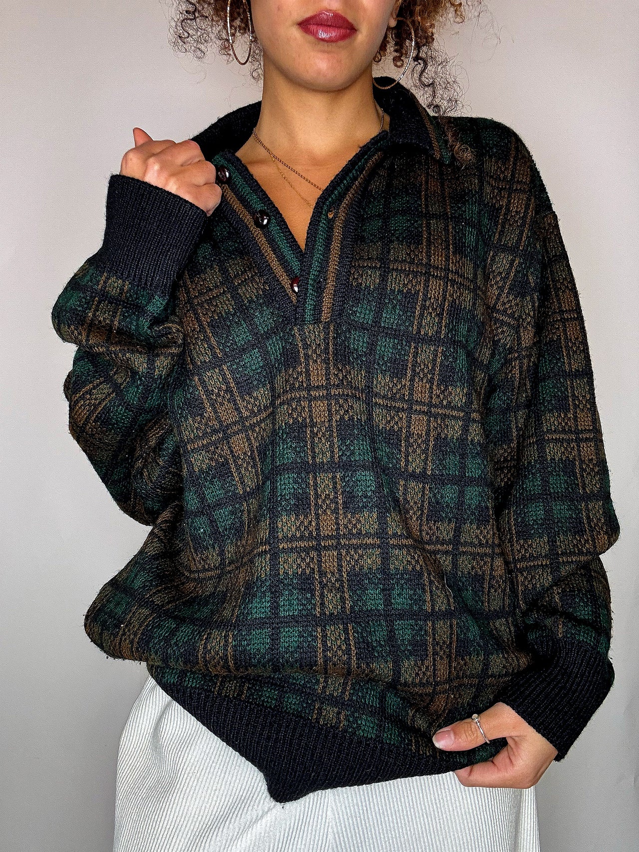 Pull col chemise à carreaux M vintage