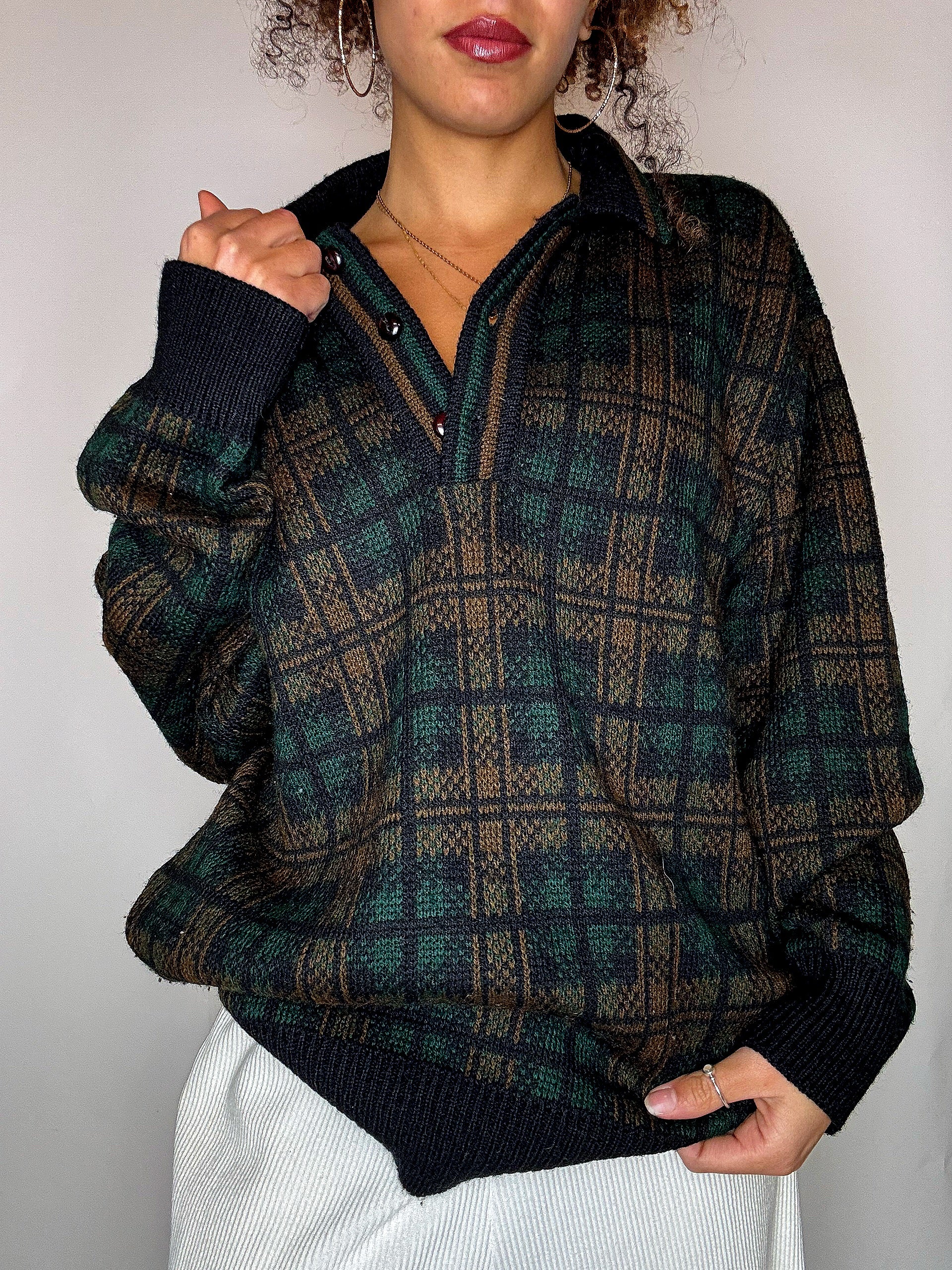 Pull col chemise à carreaux M vintage